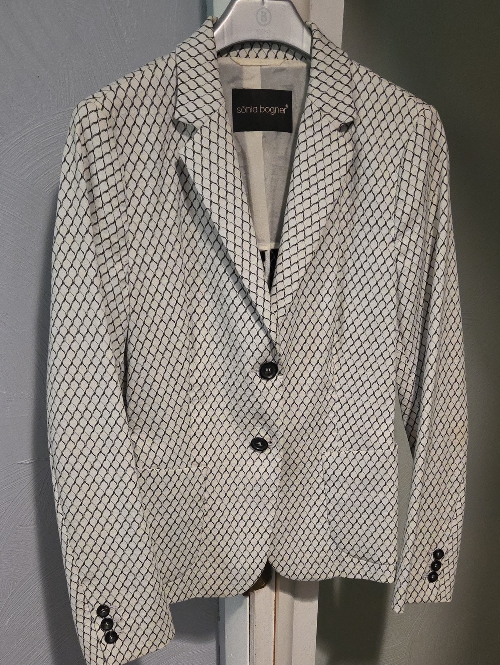 Bogner White Blazer with Black Geometric Pattern